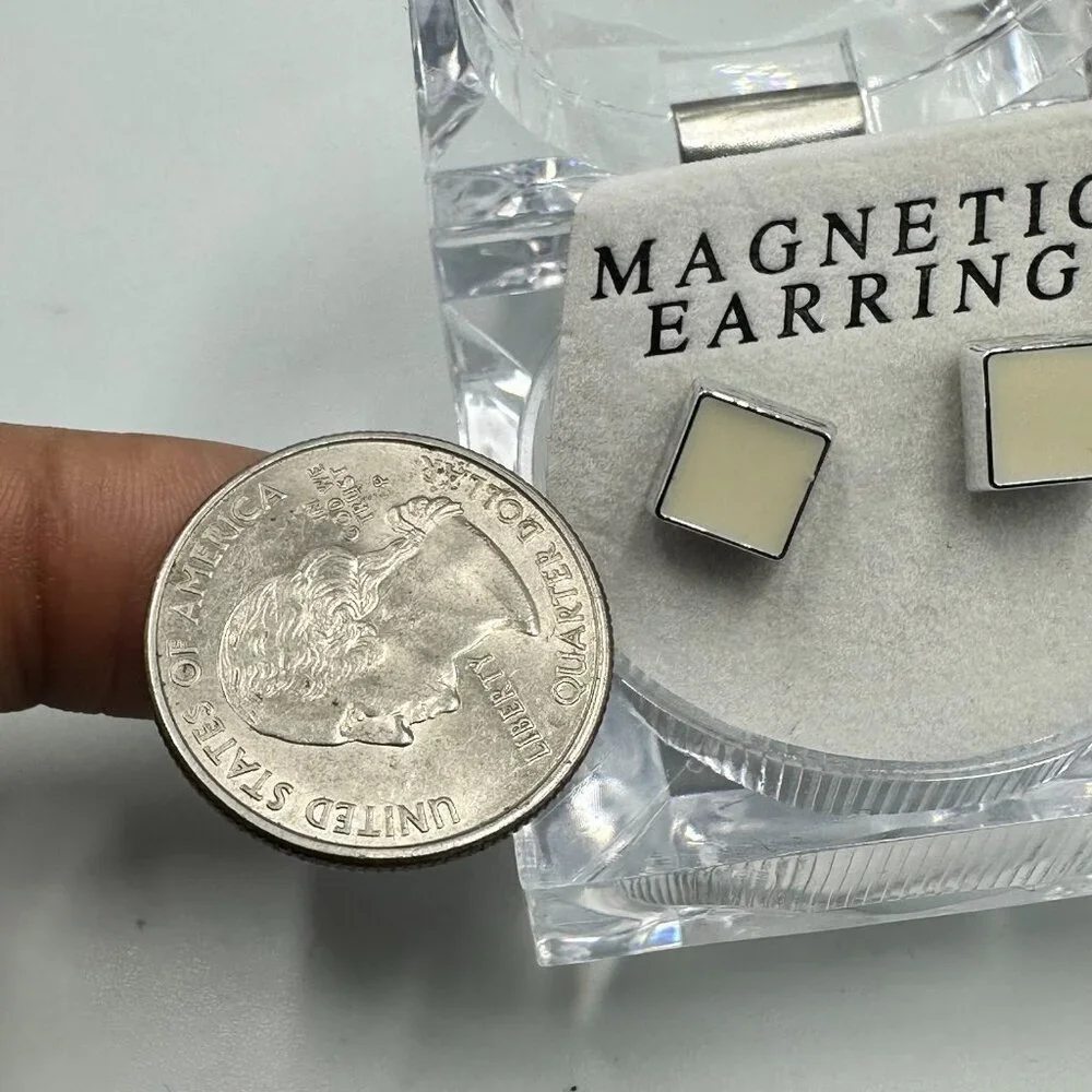 3/$30 Magnetic Square Stud Earrings Silver Cream Enamel Non Pierced Minimalist